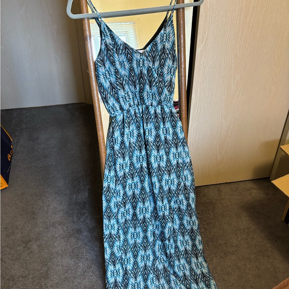 Lush blue patterned high low maxi dress, size XS
